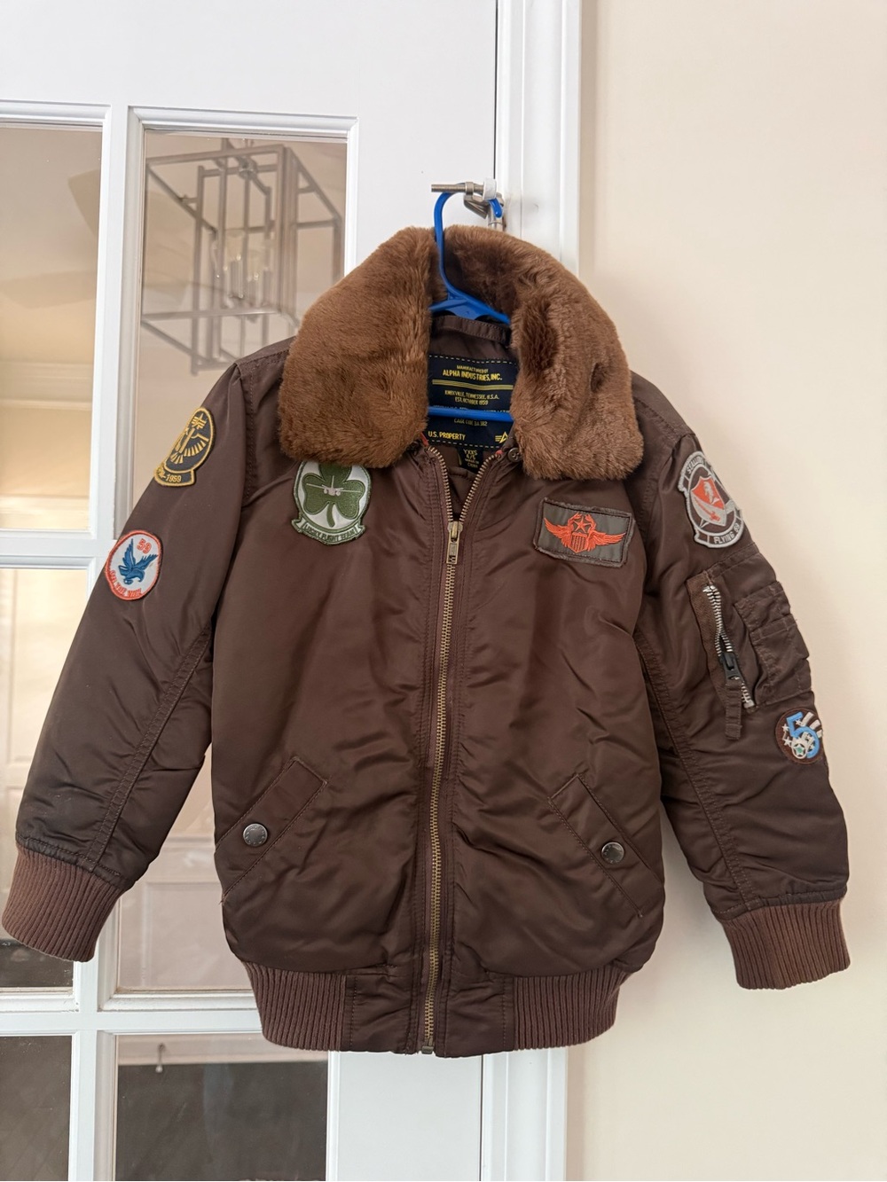 Alpha Industries Kids Brown Puffer Jacket with Faux-Fur Collar and Patch Accents